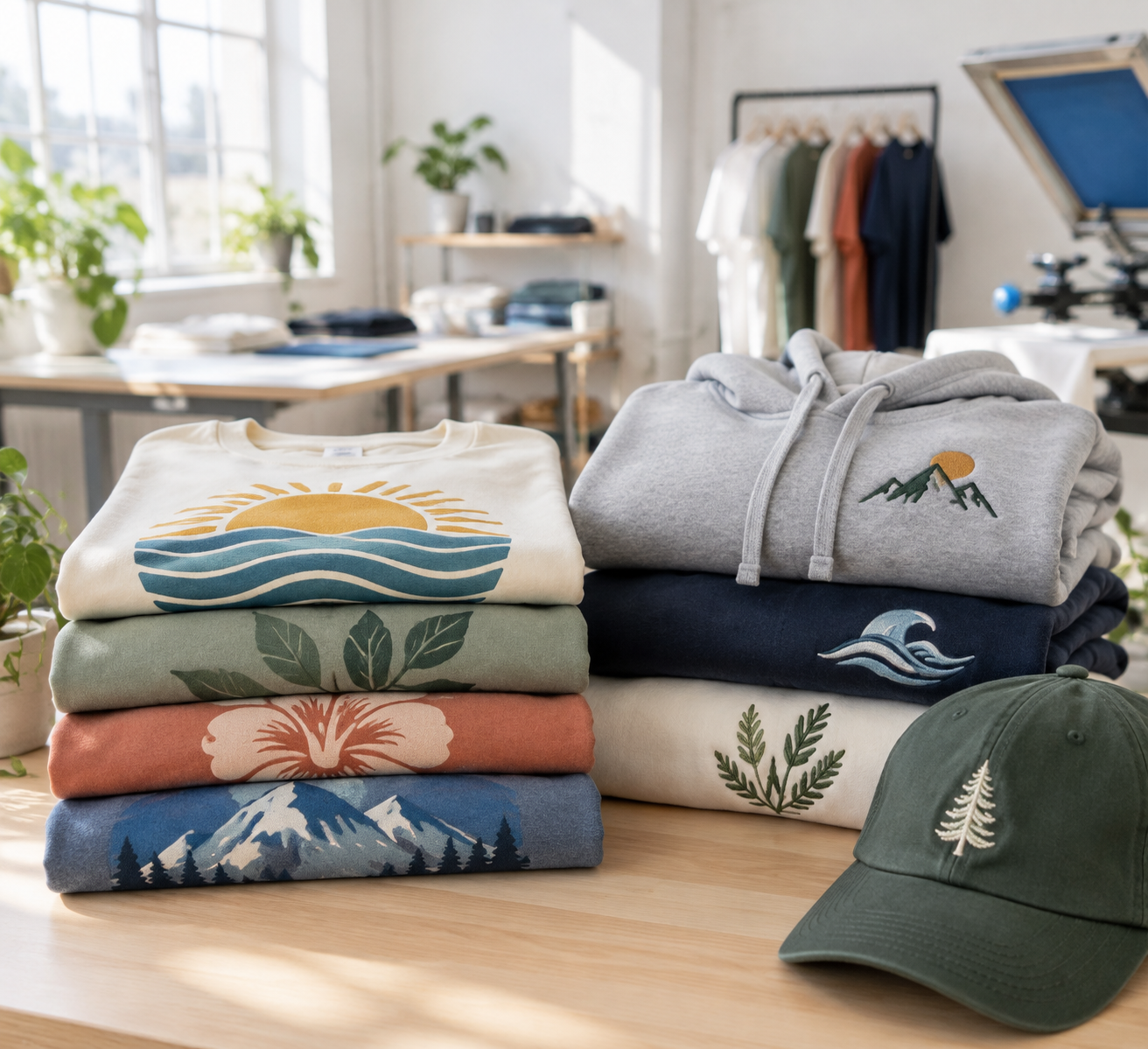 Gestapelte, individuell bedruckte und bestickte T-Shirts, Pullover und Cap