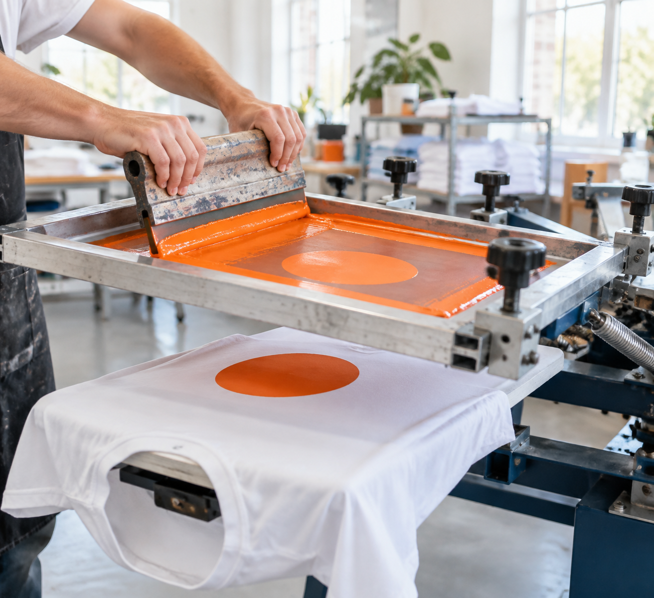 Rakel zieht orange Farbe durch ein Sieb auf ein weißes T-Shirt