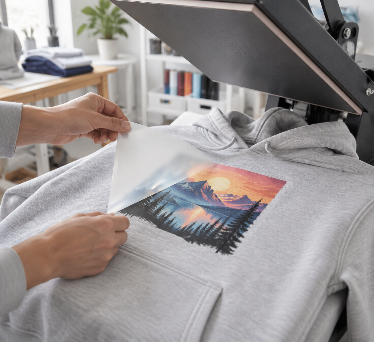 Farbiger Transferdruck wird von einem Hoodie auf der Transferpresse abgezogen